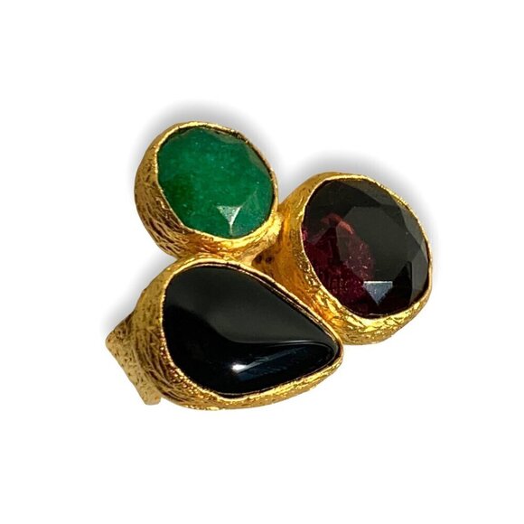 NEW Cocktail Ring 24K Gold Plated Onyx Amethyst Emerald Gem Cluster Adjustable - Picture 9 of 11